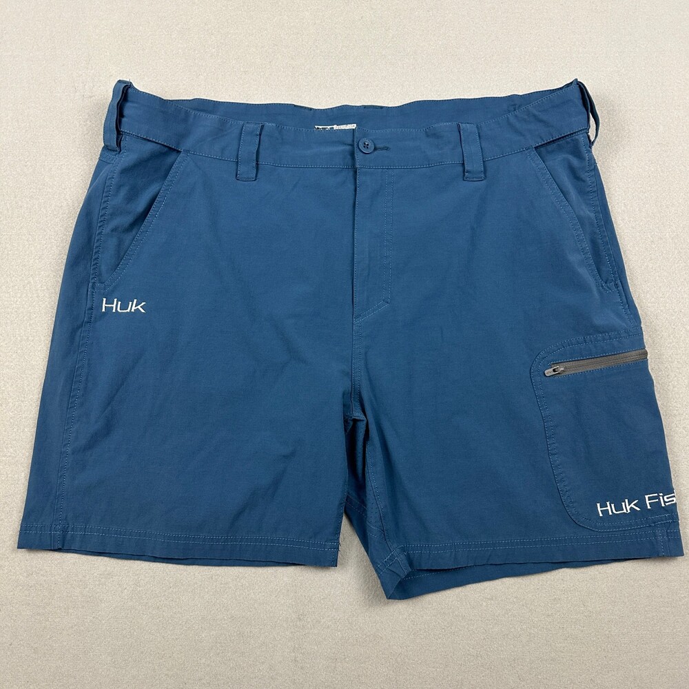 Huk Shorts Men 2XL Blue Solid Quick Dry Zip Cargo Pocket Fishing Adjustable XXL